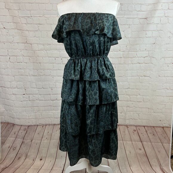 REBECCA TAYLOR silk jaguar animal dress ruffle frill strapless off shoulders 4 - Picture 1 of 12